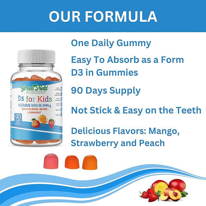 Greenfield Nutritions Halal Vitamin D3 for Kids - 1000 IU (25 mcg), 90 Halal Gummies - Non-GMO Gelatin Gluten Free Vegetarian Halal Vitamin D - Halal Vitamins for Kids, Supports Bone & Immune System
