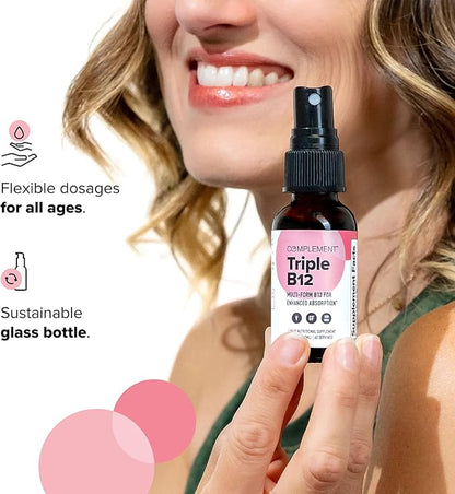 Complement Bundle- Vegan Multivitamin (90 Capsules) & Triple B12 Spray (60 Servings) - Complete Nutrition with Omega 3, Vitamins D3 K2, Zinc, Magnesium & Raspberry- Flavored B12 for Energy & Health