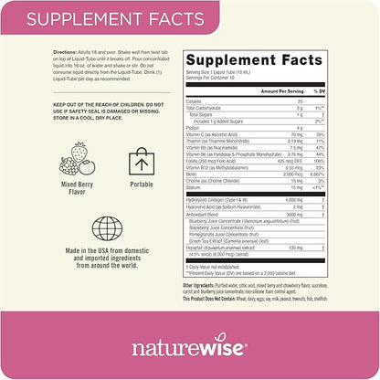 NatureWise Liquid Collagen for Women & Men 4000mg, Type 1 & 3 Peptides with Biotin for Hair, Skin and Nails + Vitamin C + Vitamin B Complex - Low Sugar - Mixed Berry - 10 Tubes