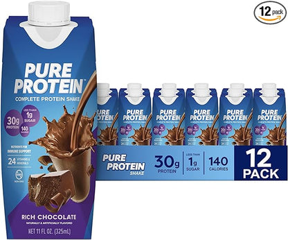 Pure Protein Chocolate Protein Shake, 30g Complete Protein, Ready to Drink and Keto-Friendly, Vitamins A, C, D, and E plus Zinc to Support Immune Health, 11oz Bottles, 12 Pack