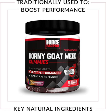 Force Factor Horny Goat Weed Gummies for Men, Natural Male Drive & Vitality Supplement with Ingredients for Superior Absorption, Delicious Passion Berry Flavor, Black, 90 Count