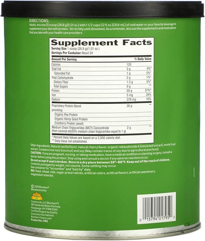 Biochem Country Life Vegan Protein Powder, 20g Pure Plant-Based Protein per Serving, Organic Pea, Hemp & Cranberry, Soy-Free, Gluten-Free, Vanilla, 1.5 lb