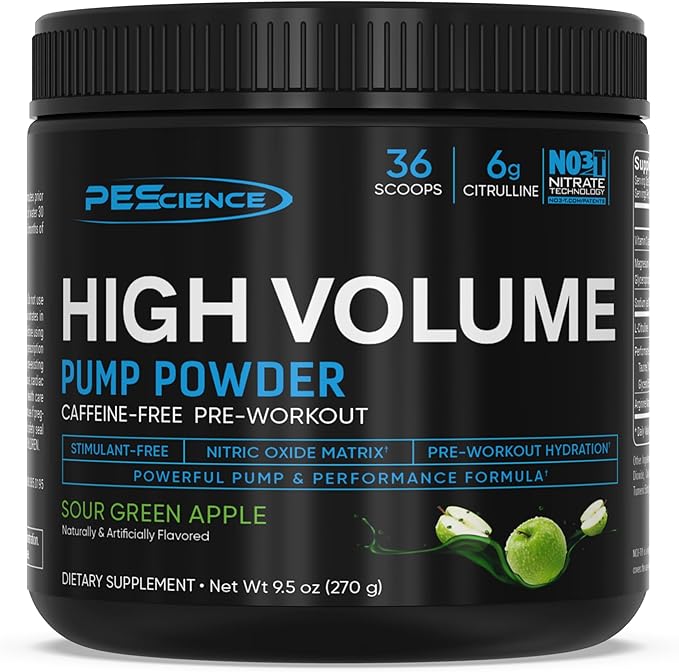 PEScience High Volume Nitric Oxide Booster Pre Workout Powder with L Arginine Nitrate, Green Apple, 36 Scoops, Caffeine Free