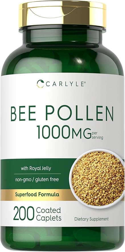 Carlyle Bee Pollen Supplement | 1000mg | 200 Caplets | with Royal Jelly and Bee Propolis | for Men and Women | Vegetarian, Non-GMO, Gluten Free