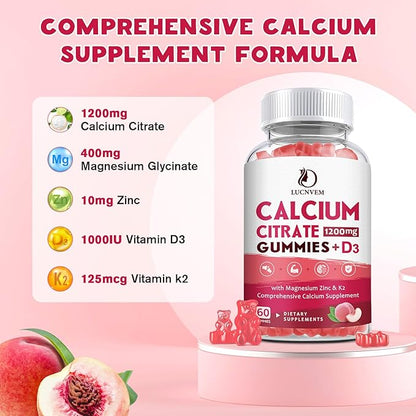 Calcium Citrate 1200mg with Vitamin D3 Gummies, Calcium Gummies with Vitamin D3 for Women & Men, Calcium Magnesium Zinc for Bone Muscle Healthy- Natural White Peach Flavor- 30 Day Supply