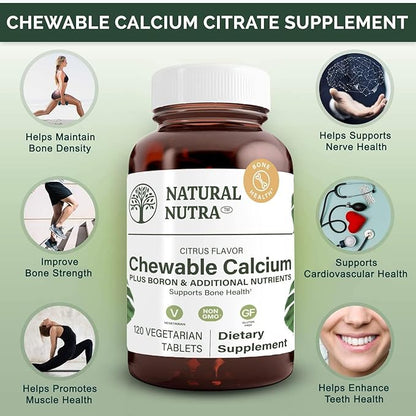 Natural Nutra Chewable Calcium Supplement for Bone Strength, Promotes Muscle Health, Maintain Teeth, Support Nerve Health, and Cardiovascular Health, 120 Tablets
