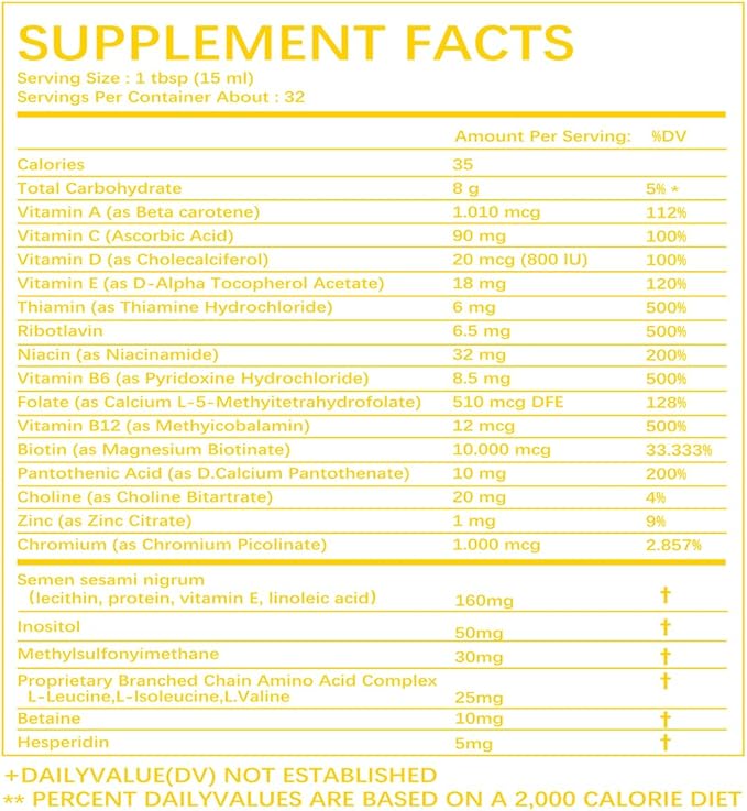 Complete Liquid Multivitamin + Hair Growth, Promotes Energy Metabolism& Skin and Hair Function| Vitamin C D | B Vitamins | Help to Thicker Hair, Wrinkles, Fine Lines, Skin Care (16.23OZ)