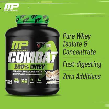 MusclePharm Combat 100% Whey Protein Powder, Cookies ‘N’ Cream Flavor, Fast Recovery & Muscle Gain with Whey Protein Isolate, High Protein Powder for Women & Men, Gluten Free, 5 lb, 70 Servings
