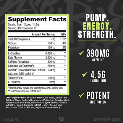 Ryse Loaded Pre Workout Powder Supplement for Men & Women | Pumps, Energy, Focus | Beta Alanine + Citrulline | 390mg Caffeine | 30 Servings (Sour Punch Blue Raz)