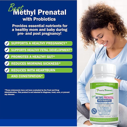 Power By Naturals Prenatal Probiotic Blend Vitamins w/Methylfolate, B12, Iron, Ginger & 27+ Essential Nutrients for Healthy Pregnancy, Prenatal Probiotics for Women, Pregnancy Probiotic, 60 Capsules