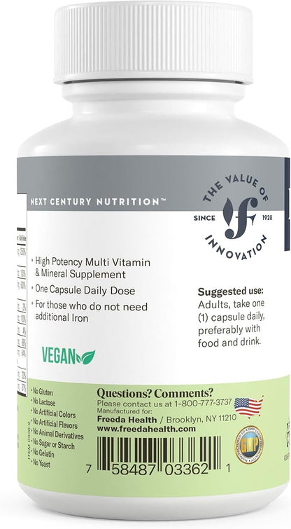 FREEDA One Daily Multivitamin Without Iron – Kosher Adult Multivitamin Supplements for Women & Men’s Health with Biotin, Vitamin B12, B1, B2, B5, Folic Acid, Niacinamide – Gluten Free (250 Capsules)