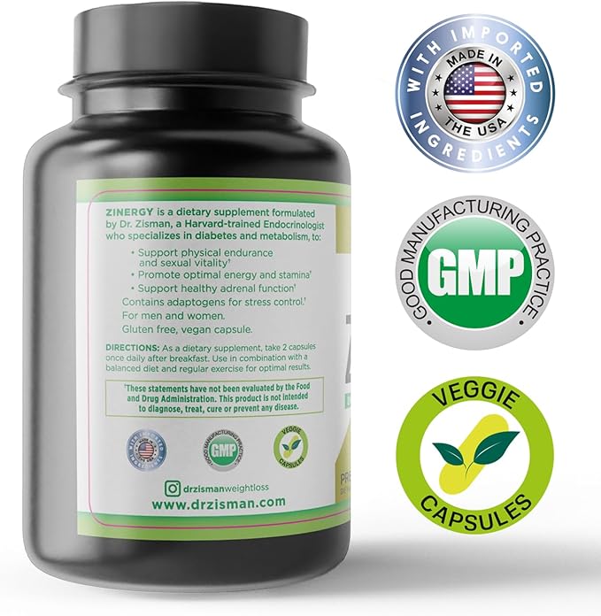 Dr. Zisman ZINERGY Natural Energy and Performance Booster - All-Natural for Men and Women – Boosts Energy and Vitality - Premium Formulated Capsules (60 Capsules)