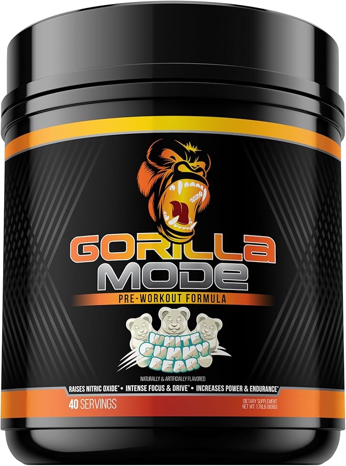 Gorilla Mode Pre Workout - Massive Pumps · Laser Focus · Energy · Power - L-Citrulline, Creatine, L-Tyrosine, Betaine, Hydroprime®, Alpha-GPC, 400mg Caffeine, Huperzine A – 808g (White Gummy Bear)