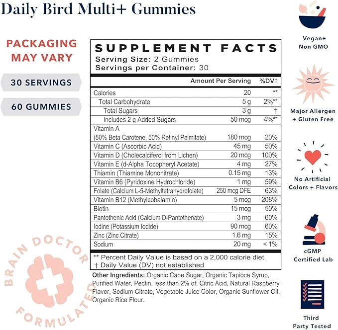 Best Nest Wellness Multi Plus Gummies - Brain Health Support Supplement with Methylated Vitamins - Chewable Multivitamin for Kids - Aids Healthy Energy & Immune Function - Raspberry, 60 Gummies