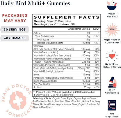 Best Nest Wellness Multi Plus Gummies - Brain Health Support Supplement with Methylated Vitamins - Chewable Multivitamin for Kids - Aids Healthy Energy & Immune Function - Raspberry, 60 Gummies
