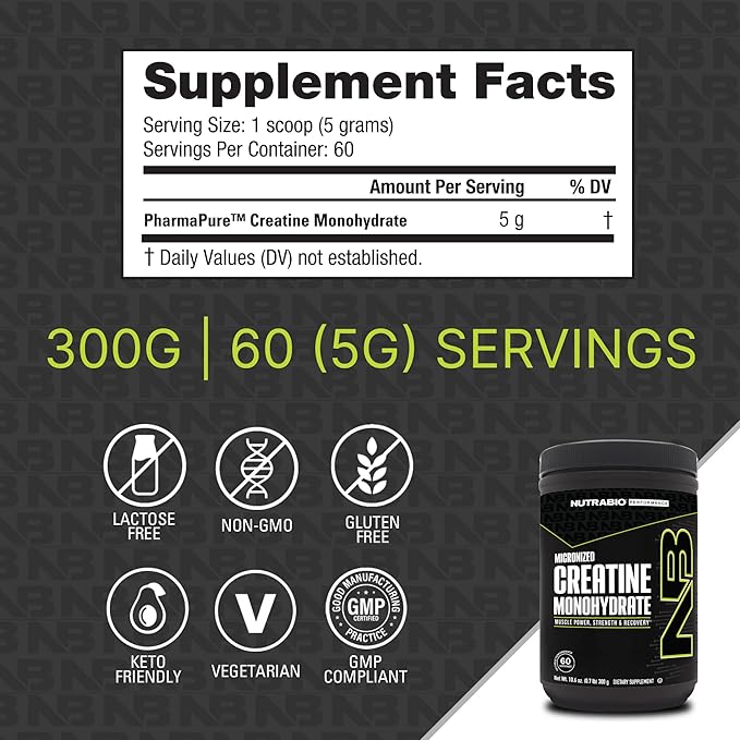 NutraBio Pure Creatine Monohydrate Powder Supplement, Unflavored, (300 g) - Supports Bulk Muscle Energy, Recovery, and Strength - HPLC Tested Pure Grade Creatine Powder Supplement for Men and Women