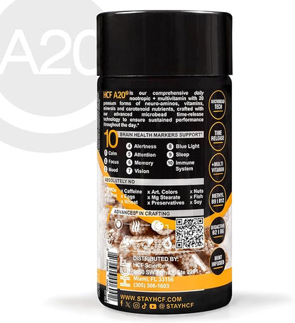 HCF A20 Microbead Brain Supplements for Memory and Focus + Brain Support, Calm, Mood, Alertness, Attention, Vision, Sleep, Immune System, 20 Premium Nootropic Nutrients Multivitamin & 7 Advances® Tech