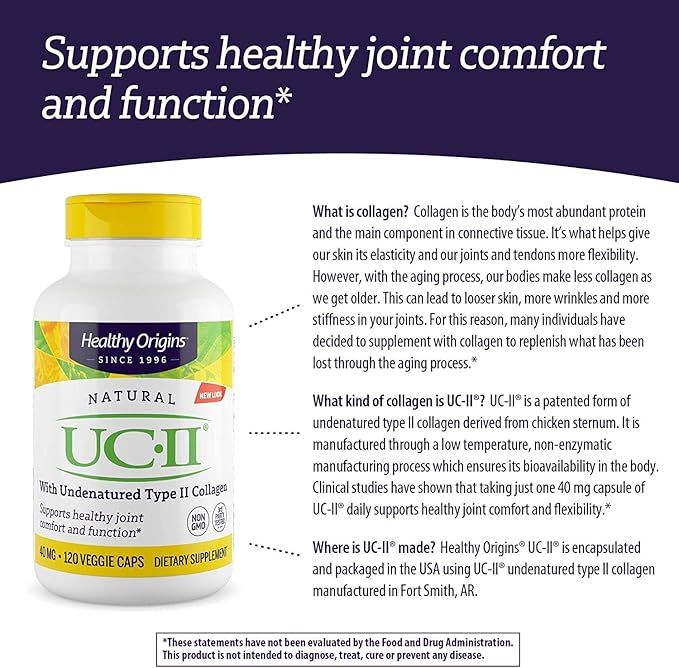 Healthy Origins UC-II, 40 mg - Premium Collagen Supplement for Joint Health, Mobility & Flexibility - Undenatured Type II Collagen - Gluten-Free & Non-GMO Supplement - 120 Veggie Caps