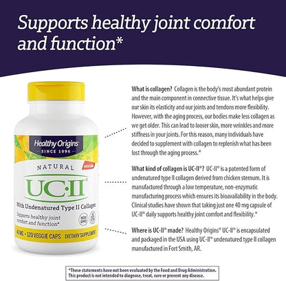 Healthy Origins UC-II, 40 mg - Premium Collagen Supplement for Joint Health, Mobility & Flexibility - Undenatured Type II Collagen - Gluten-Free & Non-GMO Supplement - 120 Veggie Caps