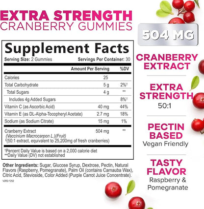 Cranberry Gummies - Urinary Tract Health Gummy + Vitamin C - 25,000mg - Triple Strength Cranberry Concentrate Extract Supplement Pills, Ultimate Potency, Non-GMO, Gluten Free - 60 Gummies