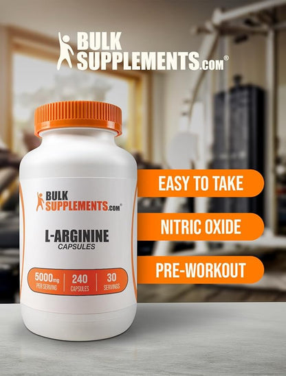 BulkSupplements.com L-Arginine 5000mg Capsules - Arginine Supplement, Nitric Oxide Supplement, L-Arginine Capsules - Gluten Free, 8 Capsules per Serving, 240 Capsules (Pack of 1)