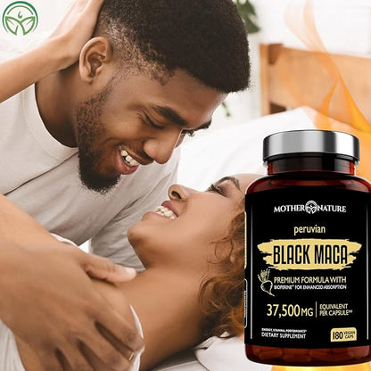 Mother Nature Black Maca Root Capsules – 50:1 37,500mg Peruvian Black Maca Root for Men, Women with Bioperine – Maca Root Capsules to Boost Stamina, Performance, Energy, Muscle Gain – 180-Count