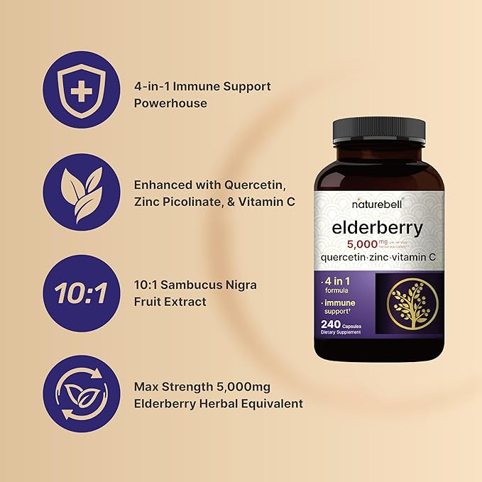 NatureBell Sambucus Elderberry Capsules, 5000mg Per Serving with Quercetin 500mg, Vitamin C and Zinc, 240 Count | European Black Elderberry Fruit Extract – 4 in 1 Immune Support Supplements