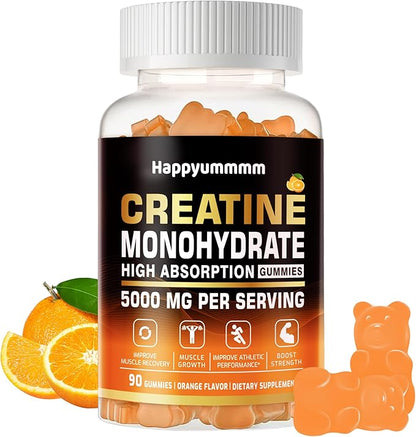 Creatine Monohydrate Gummies 5g for Men Women - Sugar Free Chewable Supplement. 90 Gummies Orange.