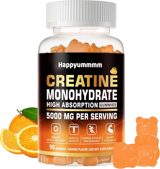 Creatine Monohydrate Gummies 5g for Men Women - Sugar Free Chewable Supplement. 90 Gummies Orange.