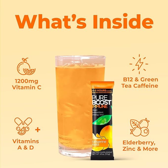 Pureboost Immune Clean Energy Booster, Refreshing Energy Drink Mix and Immunity Supplement with Elderberry, 1,200 mg Vitamin C, Vitamins A + D, and Zinc. Sugar-Free Energy (Tangerine Twist, 30 Count)
