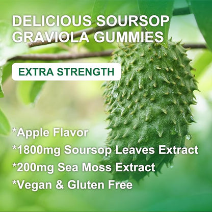 Soursop Graviola Gummies - Soursop Multivitamin Gummies with 200mg Sea Moss Extract for Antioxidant, Cell Support & Regeneration, Immune Support, Vegan, Apple Flavor - 60 Gummies