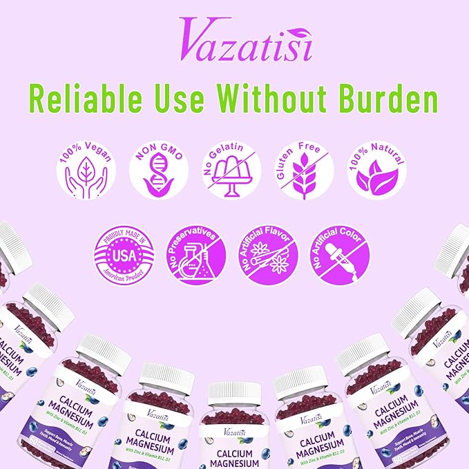 Calcium Magnesium Zinc Gummies with Vitamin D3 and B12, Immune Support Calcium Supplements for Women Men, 60 Vegan Blueberry Flavor Gummies