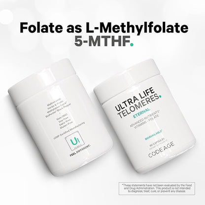 Codeage Ultra Life Telomeres Supplement - 5 MTHF Folate Vitamin B9, Vitamin B12 Methylcobalamin, Vitamin D3, L-Theanine, Ashwagandha - 3-Month Supply - DNA, Methylation Cycle - Non-GMO - 90 Capsules