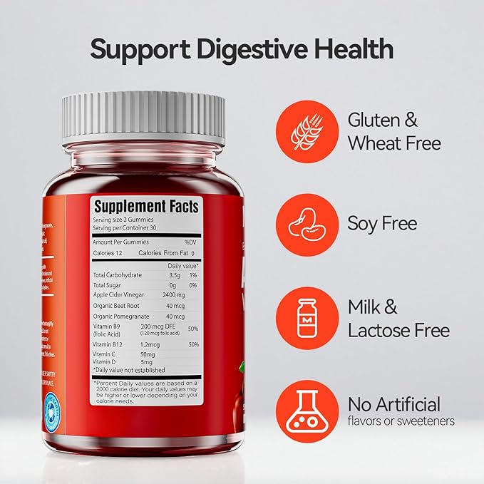 Apple Cider Vinegar Gummies, 2400 MG ACV Gummies with Multivitamin, Vegan, Non-GMO, Gluten Free, 60 Gummies
