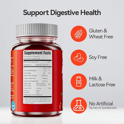 Apple Cider Vinegar Gummies, 2400 MG ACV Gummies with Multivitamin, Vegan, Non-GMO, Gluten Free, 60 Gummies