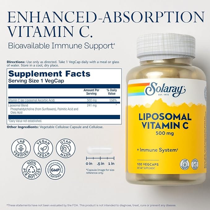 SOLARAY Liposomal Vitamin C 500mg - Enhanced Absorption Vitamin C Liposomal Blend with Fatty Acids - Antioxidant and Immune Support Supplement - Vegan, 60-Day Guarantee, 100 Servings, 100 VegCaps