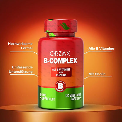 ORZAX Vitamin B Complex Supplement for Women & Men with Choline, Inositol - Balanced Energy Metabolism - Immune & Nerve Health (120 Veg Capsules)