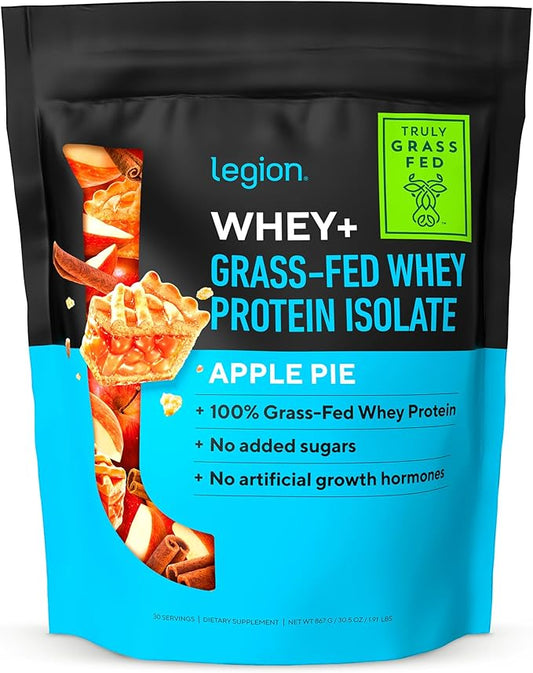 LEGION Whey+ Whey Isolate Protein Powder from Grass Fed Cows - Low Carb, Low Calorie, Non-GMO, Lactose Free, Gluten Free, Sugar Free, All Natural Whey Protein Isolate, 30 Servings (Apple Pie)