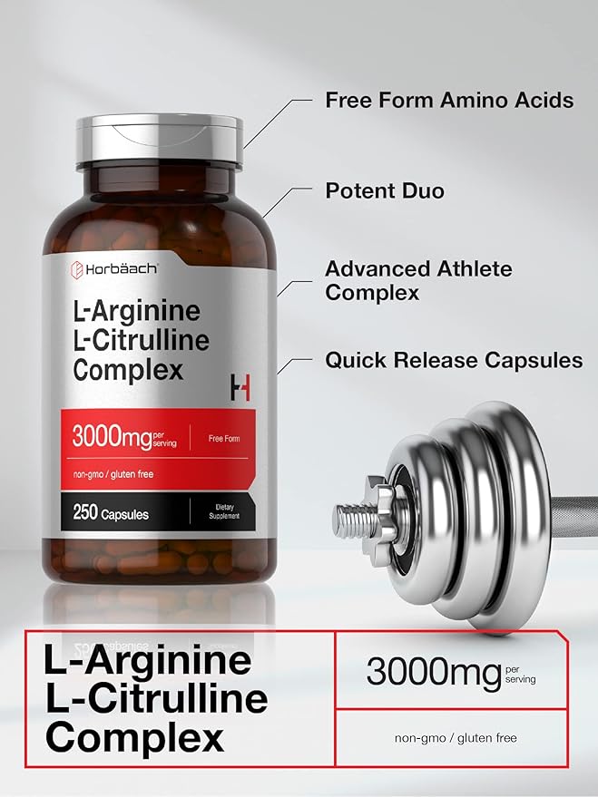 Horbäach L-Arginine L-Citrulline Complex | 3000mg | 250 Capsules | Non-GMO, Gluten Free Supplement
