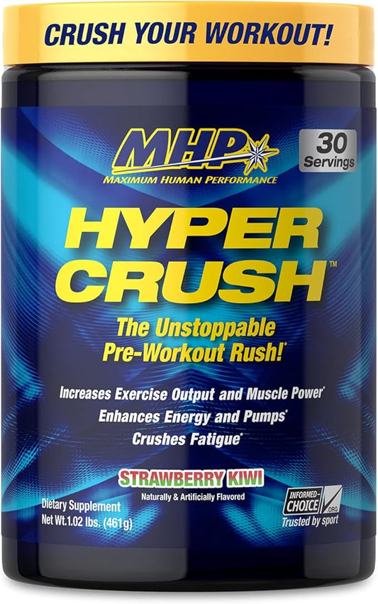Maximum Human Performance Hyper Crush Pre Workout Powder, Increases Energy, Muscle Pumps, Power, Fights Fatigue, creatine, beta Alanine, Nitric Oxide, citrulline, AKG, Strawberry Kiwi, 30 Servings