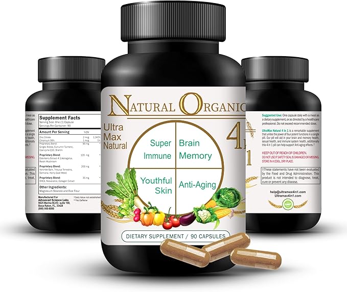 Ultra Max Natural Organic 4 in 1 Brain Supplements for Memory and Focus, Immune Support Anti-Aging Dietary Supplements
