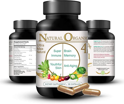 Ultra Max Natural Organic 4 in 1 Brain Supplements for Memory and Focus, Immune Support Anti-Aging Dietary Supplements
