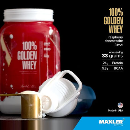 Maxler 100% Golden Whey Protein - 24g of Protein per Serving - Premium Whey Protein Powder for Pre Post Workout - Fast-Absorbing Whey Concentrate Isolate Hydrolysate Blend - Raspberry Cheesecake 2 lb