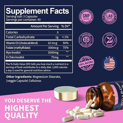 Inositol Supplement for Women with Vitamin D3, Folate, 40:1 Ratio Myo-Inositol 3000mg & D-Chiro Inositol 75mg Complex, (Vitamin B8) Inositol Capsules, Pack of 2