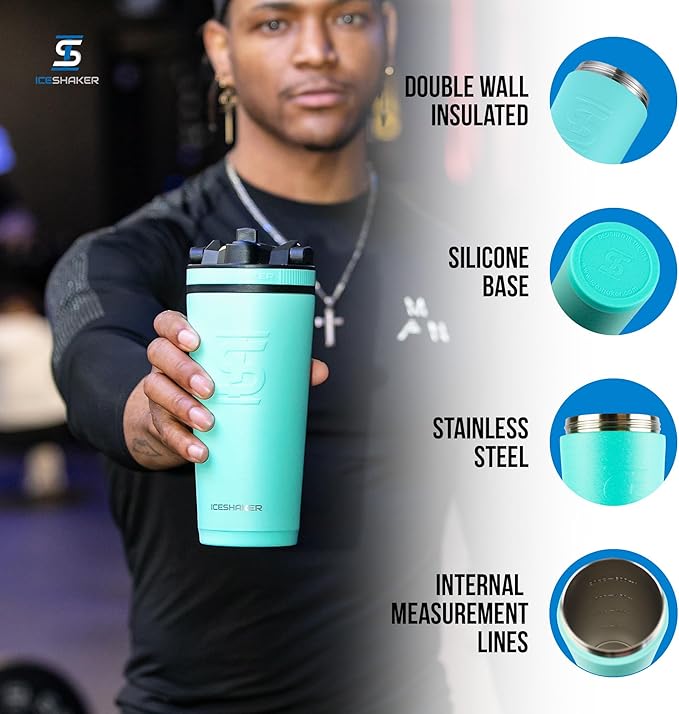 Ice Shaker Insulated Stainless Steel Shaker Bottle | 26oz, Mint | Cold for 30+ Hours | Insulated Cup with Twist-on Agitator | Odor-Free Shaker Cup for Protein Shakes, Water, Smoothies, Cocktails
