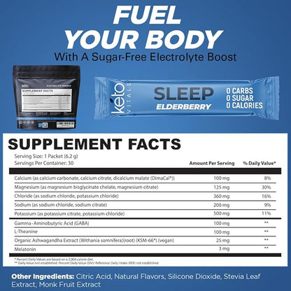 Keto Vitals Sleep Drink Electrolyte Sleep Powder Packets - Fast-Acting Sleep Blend of Melatonin 3mg, GABA, L-Theanine, & Ashwagandha - Elderberry, 30 Count