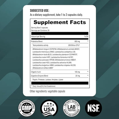 UpNourish Probiotics - 200 Billion CFUs, 15 Strains, Prebiotics & Enzymes - 60 Vegan Capsules