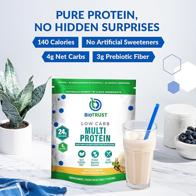 BioTrust Low Carb Protein Powder – Natural and Delicious Whey & Casein Blend from Grass-Fed Hormone Free Cows – Non GMO, Soy Free, Gluten Free, Hormone Free (Vanilla)
