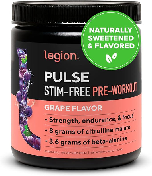 LEGION Pulse Pre Workout Supplement - All Natural Nitric Oxide Preworkout Drink to Boost Energy, Creatine Free, Naturally Sweetened, Beta Alanine, Citrulline, Alpha GPC (Caffeine Free Grape)