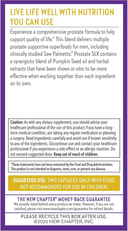 New Chapter Prostate Supplement - Prostate 5LX™ with Clinical Strength Saw Palmetto + Fermented Selenium for Prostate Health - 120 ct Vegetarian Capsule